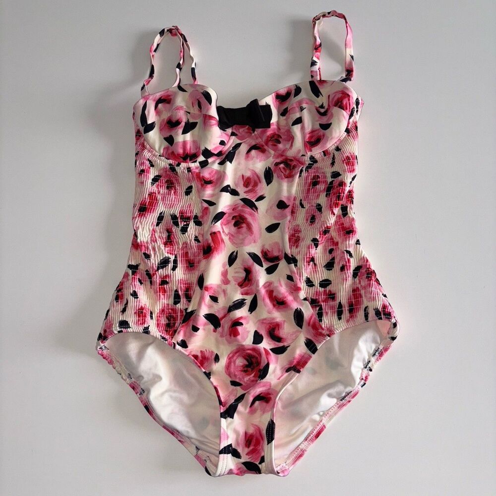 Kate Spade Pink Floral One Piece Swimsuit Bay of Roses Size XS Smocked Stretch - Picture 5 of 16